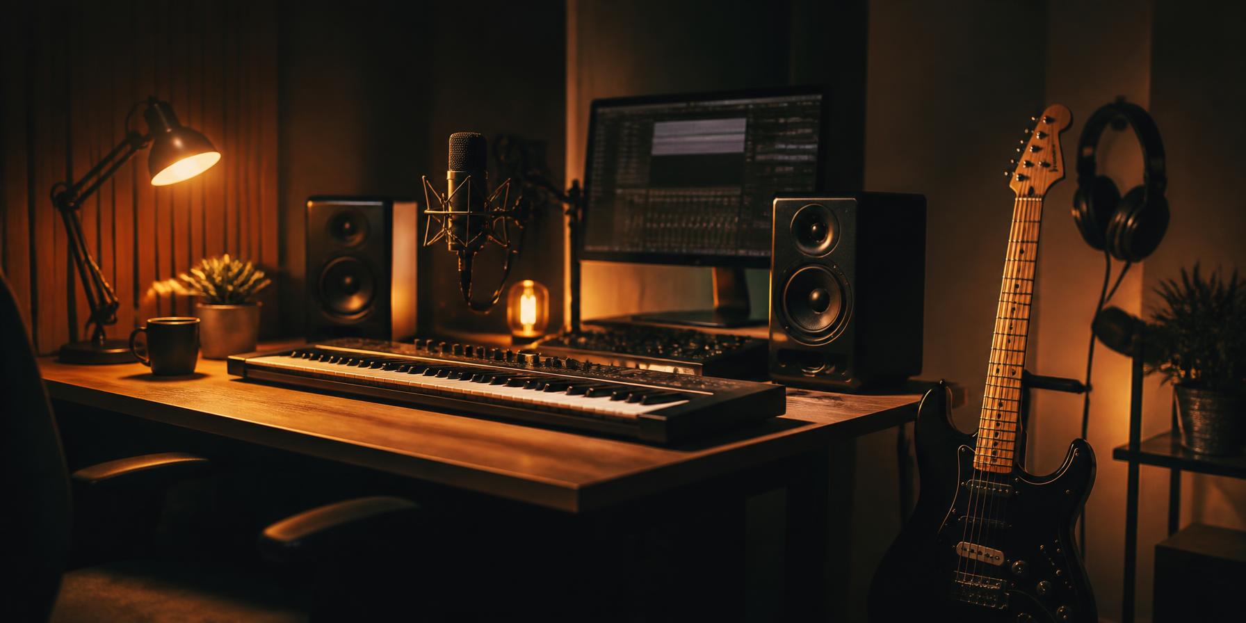 Kora home studio with keyboard, guitar and microphone